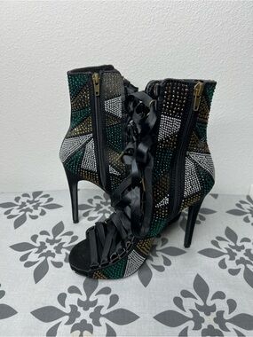 Steve Madden Embellished Black Lace-Up Stiletto Booties - Green & White Accent